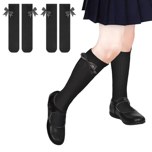 Girls Knee High Socks With Bows - Cotton School Uniform Long Socks for 4-12 Years, 2 Pairs