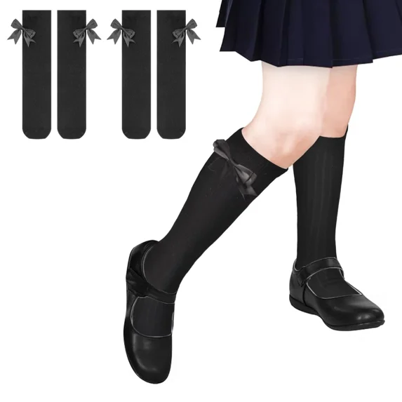 Girls Knee High Socks With Bows - Cotton School Uniform Long Socks for 4-12 Years, 2 Pairs