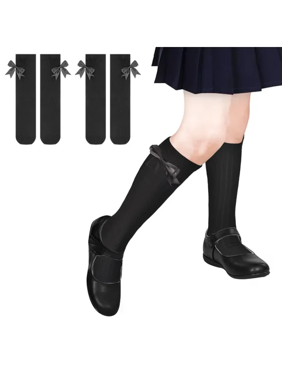 Girls Knee High Socks With Bows - Cotton School Uniform Long Socks for 4-12 Years, 2 Pairs