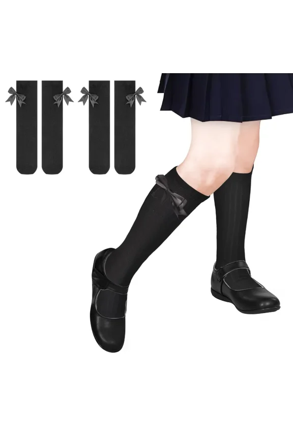 Girls Knee High Socks With Bows - Cotton School Uniform Long Socks for 4-12 Years, 2 Pairs
