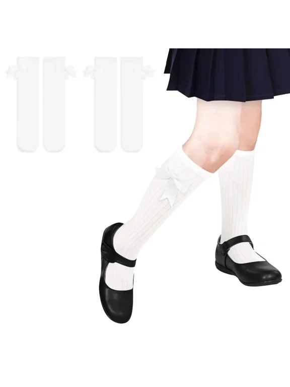Girls Knee High Socks With Bows - Cotton School Uniform Long Socks for 4-12 Years, 2 Pairs