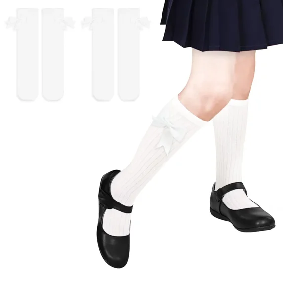 Girls Knee High Socks With Bows - Cotton School Uniform Long Socks for 4-12 Years, 2 Pairs