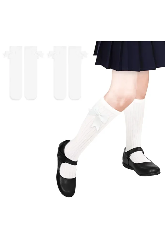 Girls Knee High Socks With Bows - Cotton School Uniform Long Socks for 4-12 Years, 2 Pairs