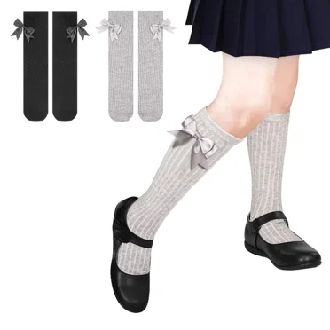Girls Knee High Socks With Bows - Cotton School Uniform Long Socks for 4-12 Years, 2 Pairs