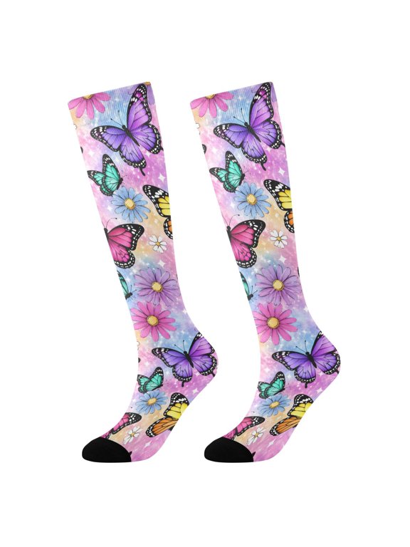 Girls Knee High Socks with Butterfly Floral on Tie-dye Pattern Kids Long Boot Socks
