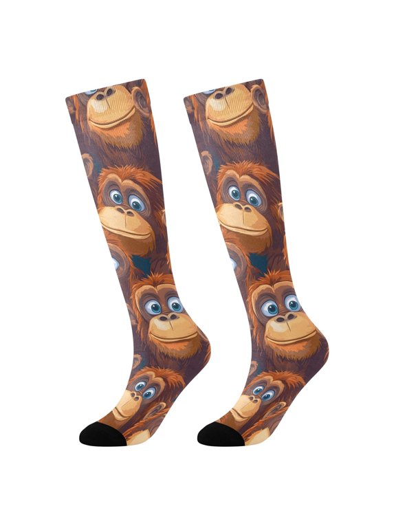 Girls Knee High Socks with Cartoon Gorillas Pattern Kids Long Boot Socks