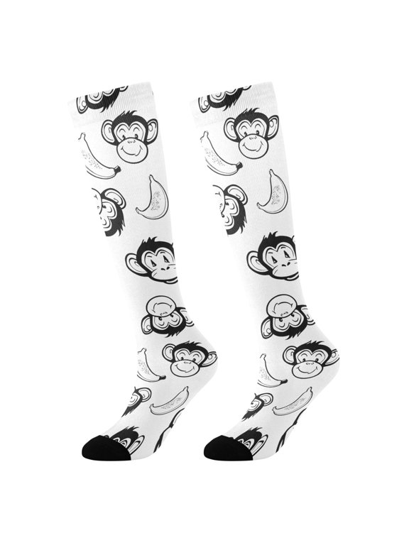 Girls Knee High Socks with Cartoon Monkey Banana-1 Pattern Kids Long Boot Socks
