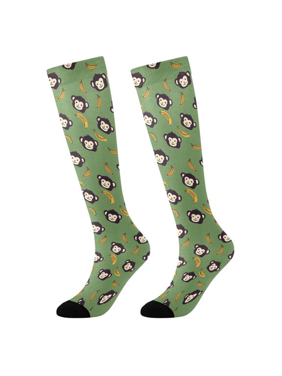 Girls Knee High Socks with Cartoon Monkey Bananas Pattern Kids Long Boot Socks