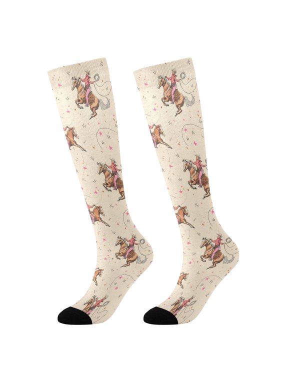 Girls Knee High Socks with Cowboys Riding Pattern Kids Long Boot Socks