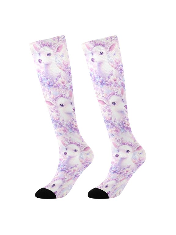 Girls Knee High Socks with Cute Dreamy Deers Pattern Kids Long Boot Socks