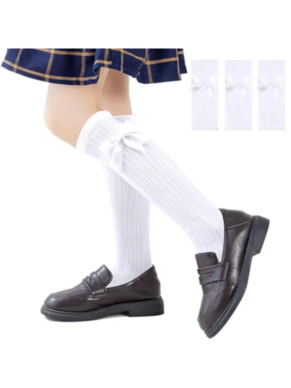 Girls Knee High Socks with Fluffy Ribbons Bow School Uniform Cotton 3 Pairs White Grey Black Party Plain Long Legg