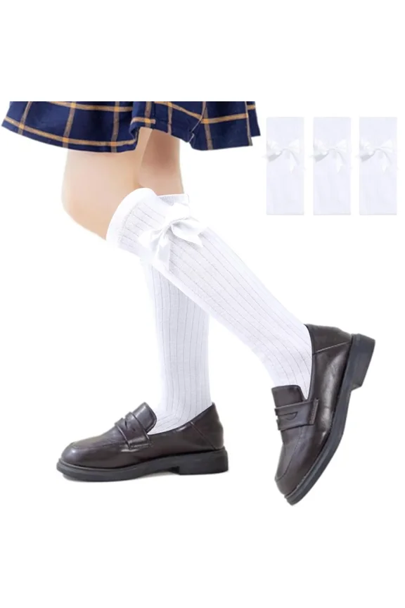 Girls Knee High Socks with Fluffy Ribbons Bow School Uniform Cotton 3 Pairs White Grey Black Party Plain Long Legg