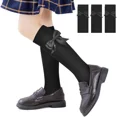 thumbnail image 1 of Girls Knee High Socks with Fluffy Ribbons Bow School Uniform Cotton 3 Pairs White Grey Black Party Plain Long Legg, 1 of 5