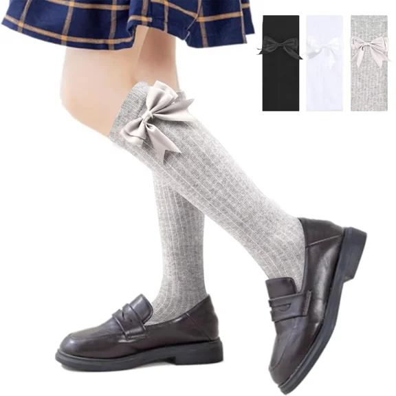 Girls Knee High Socks with Fluffy Ribbons Bow School Uniform Cotton 3 Pairs White Grey Black Party Plain Long Legg