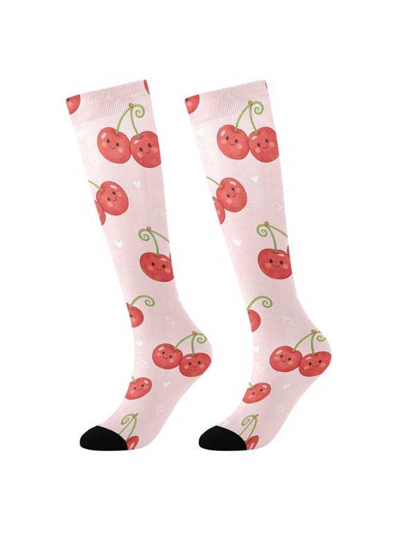 Girls Knee High Socks with Funny Cherry Pattern Kids Long Boot Socks