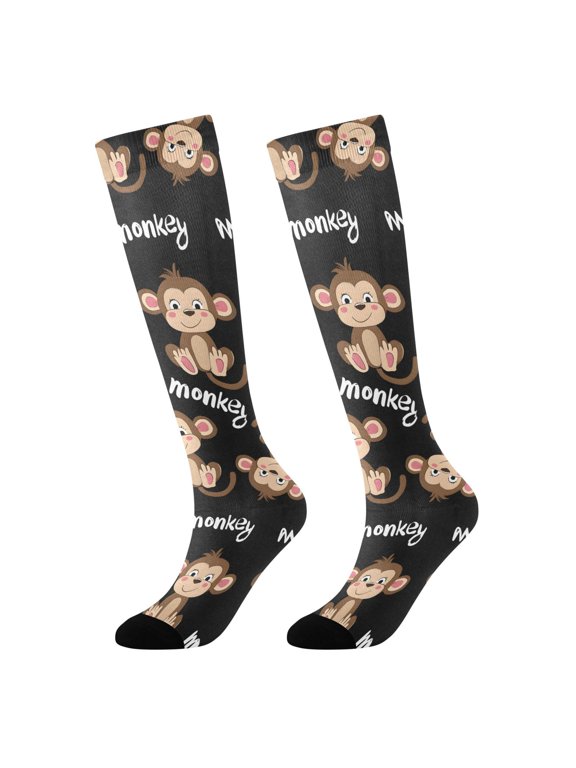 Girls Knee High Socks with Monkey Cute Pattern Kids Long Boot Socks