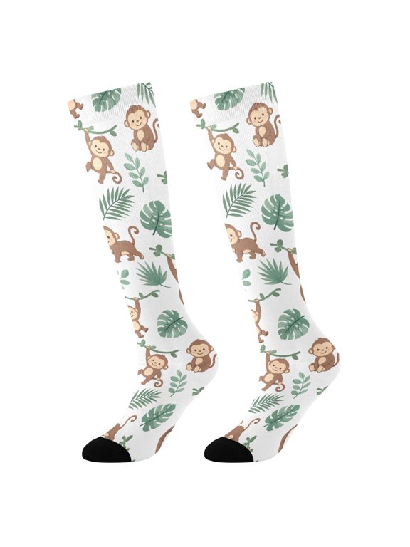 Girls Knee High Socks with Monkey Palm Leave Pattern Kids Long Boot Socks