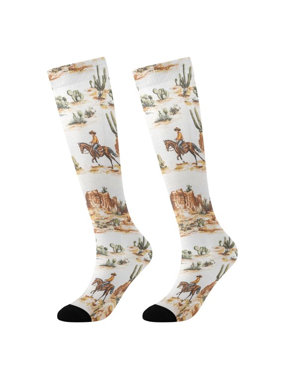 Girls Knee High Socks with Western Cowboy Horses Pattern Kids Long Boot Socks