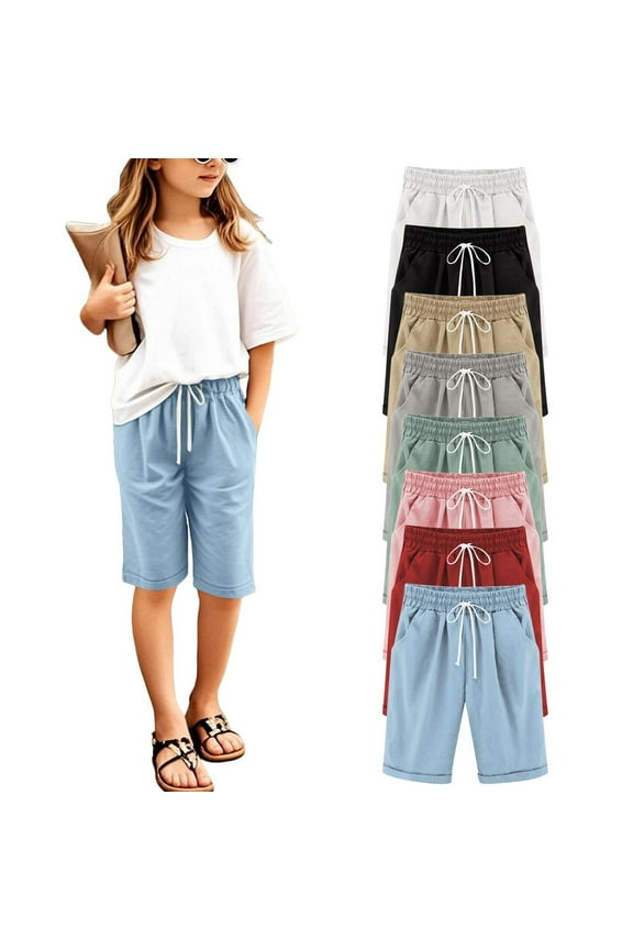 Girls Knee Length Shorts Pack Girls Athletic Shorts Kids Teens Solid Knee Length High Waisted Comfy Drawstring Casual Short Pants with Pockets