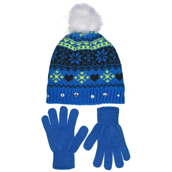 Girls Knit Beanie & Gloves Set Full Wrap Cuff & Top Pom 3 Color Combinations