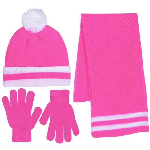 Girls Knit Beanie Scarf & Gloves Set Full Wrap Cuff & Top Pom Striped 4 Colors