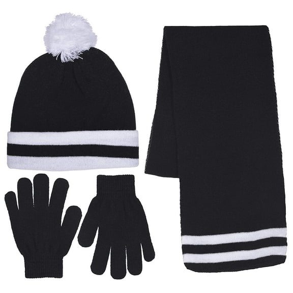 Girls Knit Beanie Scarf & Gloves Set Full Wrap Cuff & Top Pom Striped 4 Colors