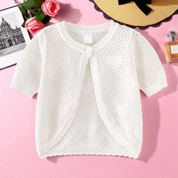 Girls Knit Cardigan Short Sleeve Summer Top Lightweight Open Front Cardigan for Everyday Play and Outdoor Activities in Spring and Summer, 8-9 Years, White