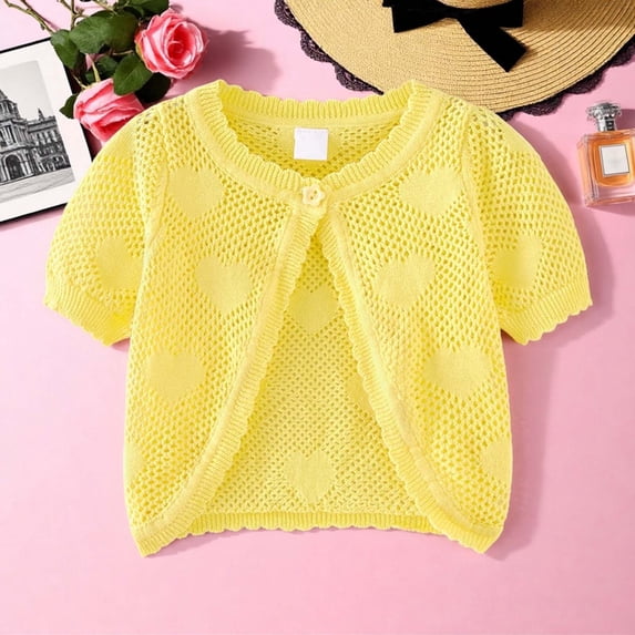Girls Knit Cardigan Short Sleeve Summer Top Lightweight Open Front Cardigan for Everyday Play and Outdoor Activities in Spring and Summer, 8-9 Years, Yellow
