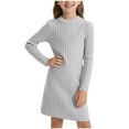 thumbnail image 1 of Girls Knit Dress Casual Solid Color Slim Fit Crewneck Long Sleeve Mini Dress, Gray, 1 of 7