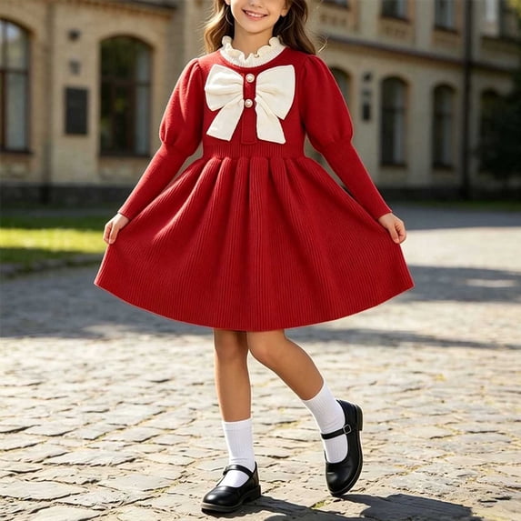 Girls Knit Sweater Dress Long Sleeve Front Bow Crewneck Pleated Cinched Slim Outfits Toddler Girl Sweet Casual A-Line Dress Red 7-8 Years