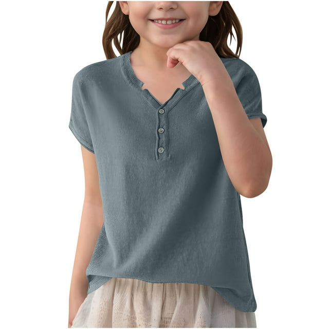 Girls Knit Sweaters Trendy Henley Button V Neck Short Sleeve Pullover Jumper Tops Casual Loose Fit Soft Solid Color T-Shirt