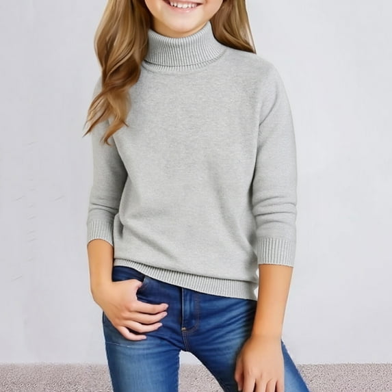Girls Knit Sweaters Turtleneck Long Sleeve Slim Fit Clothes Solid Color High Collar Pullover Fall Winter Sweaters Gray 150