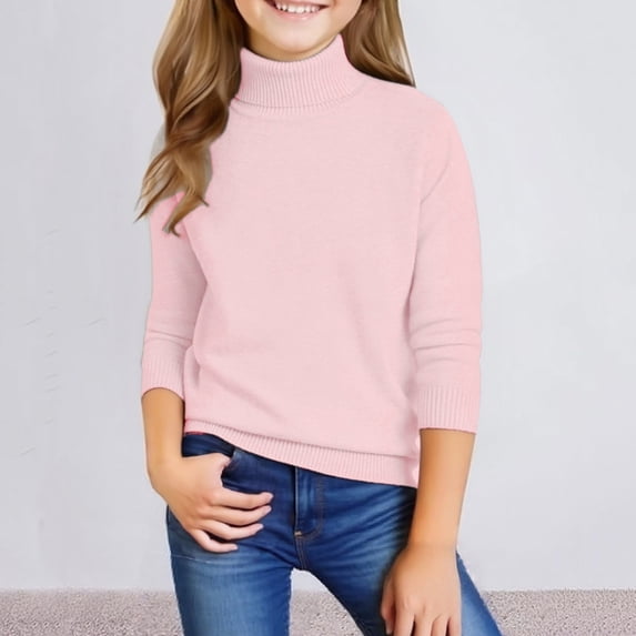 Girls Knit Sweaters Turtleneck Long Sleeve Slim Fit Clothes Solid Color High Collar Pullover Fall Winter Sweaters Pink 120