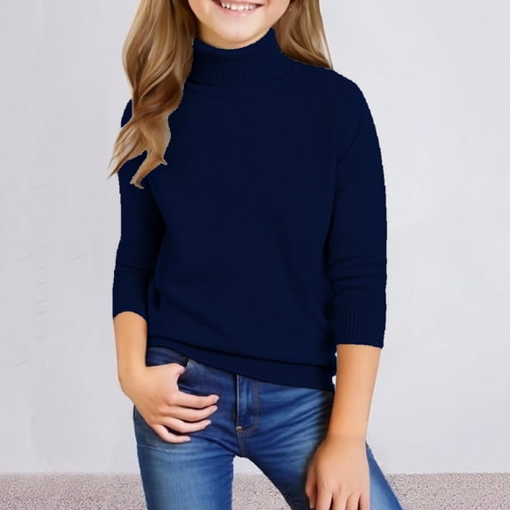 Girls Knit Sweaters Turtleneck Long Sleeve Slim Fit Clothes Solid Color High Collar Pullover Fall Winter Sweaters Royal Blue 130