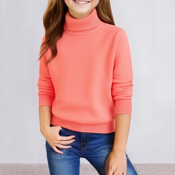 Girls Knit Sweaters Turtleneck Long Sleeve Slim Fit Clothes Solid Color High Collar Pullover Fall Winter Sweaters Saffron 120