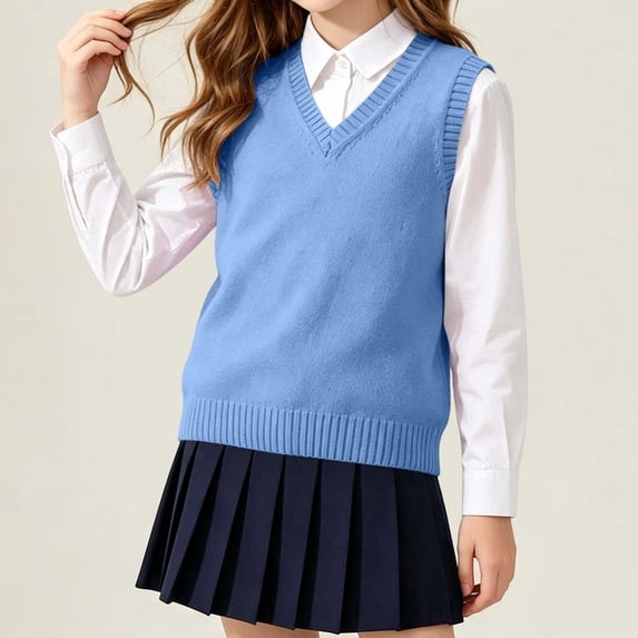 Girls Knit Sweaters Vest V-Neck Warm Sleeveless Casual Kids Fall Winter Pullover Sweaters Blue 4-16