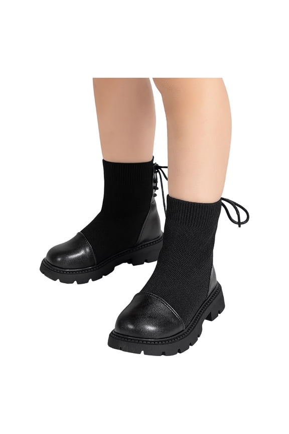 Girls Knitted Ankle Boots Lace up Stretch Sock Booties Chunky Lug Sole Low Heel High Top Chelsea Boots 9 Toddler Black