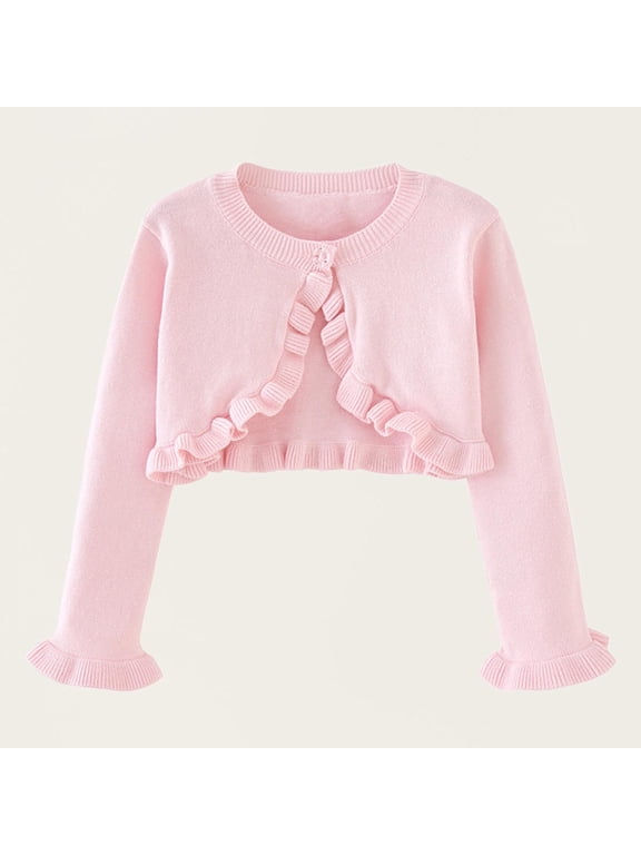 Girls Knitted Cardigan Cotton Bolero Shrug Long Sleeve Solid Color Jacket Pink 9-10 Years