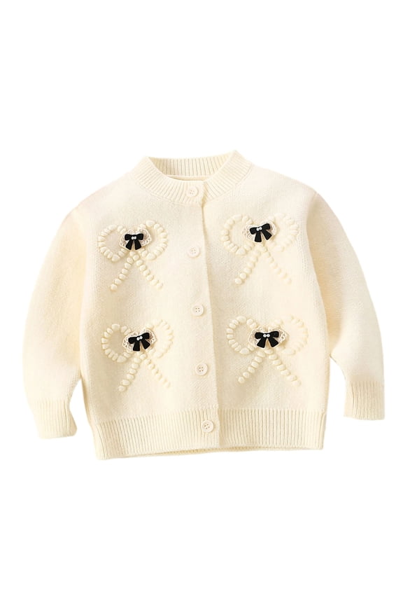 Girls Knitted Cardigan Crew Neck Long Sleeve Button Down Sweater Soft Comfy Casual Outwear With Cute Bow (90, Beige)