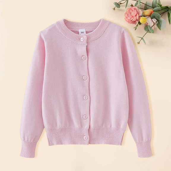 Girls Knitted Cardigan Sweater Soft Cozy Long Sleeve Button Front Pullover Tops (Pink 1-2 Years)