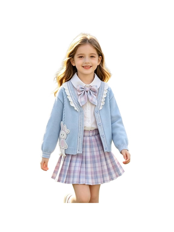 Girls Knitted Cardigan White Long Sleeve Shirt Plaid Pleated Skirt Bow Tie 4 Piece Preppy School Uniform Set Kawaii College Style Kids Outfit Daily School Graduation Party Pink Blue