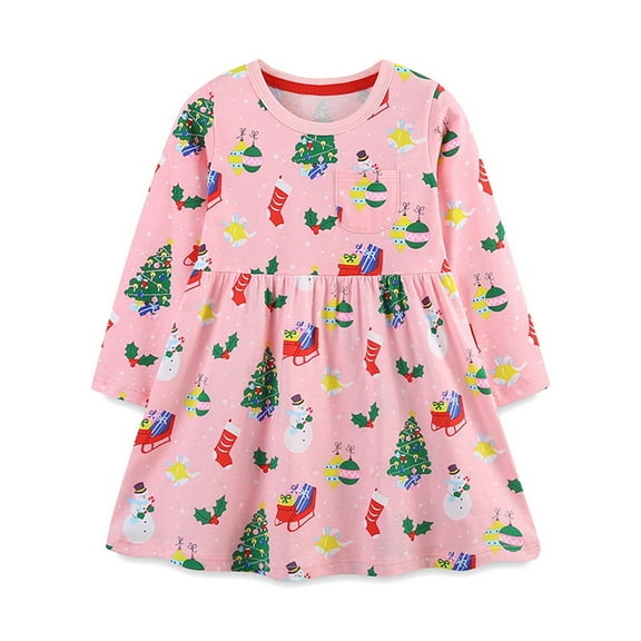 Girls Knitted Christmas Dress Cartoon Print Round Neck Party Holiday Outfit Pink 7-8 Years