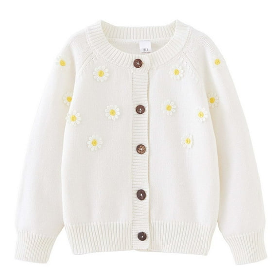 Girls Knitted Sweater Cardigan Long Sleeve Button Up Trendy Jacket Daisy Flower Fall Winter Clothes Outwear 2-8T (2 Years, White)