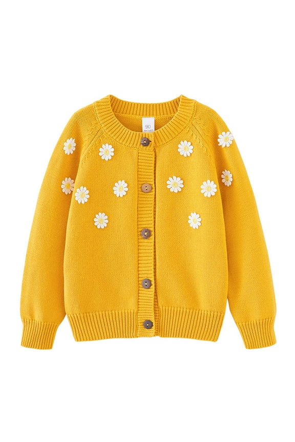 Girls Knitted Sweater Cardigan Long Sleeve Button Up Trendy Jacket Daisy Flower Fall Winter Clothes Outwear 2-8T (2 Years, Yellow)
