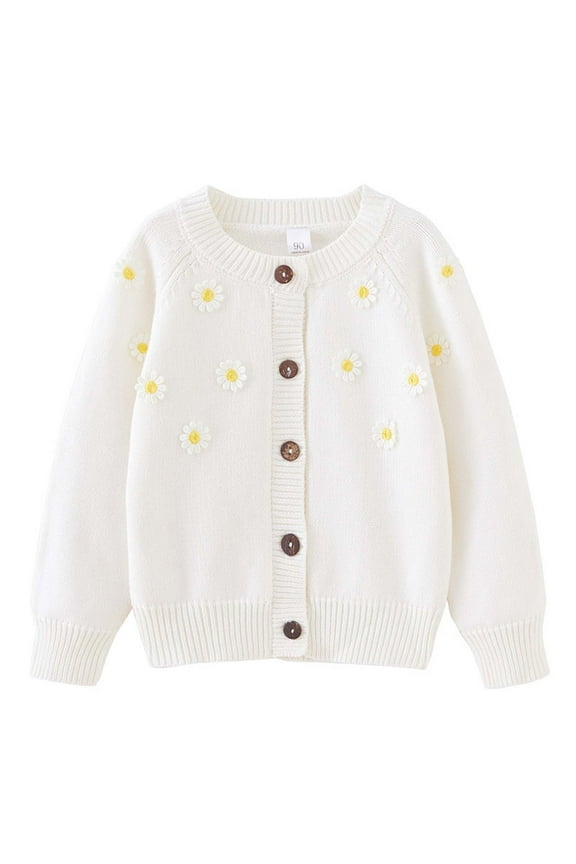 Girls Knitted Sweater Cardigan Long Sleeve Button Up Trendy Jacket Daisy Flower Fall Winter Clothes Outwear 2-8T (3 Years, White)