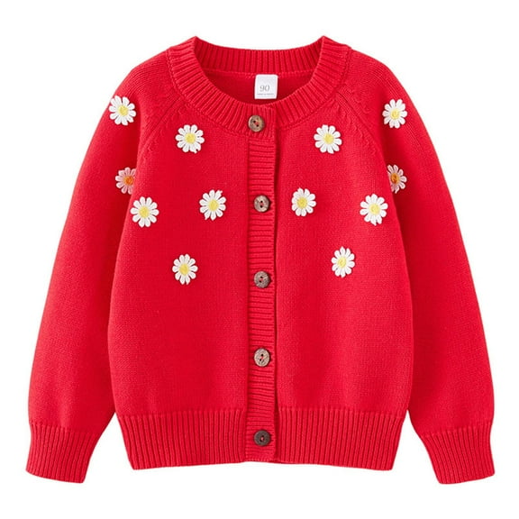 Girls Knitted Sweater Cardigan Long Sleeve Button Up Trendy Jacket Daisy Flower Fall Winter Clothes Outwear 2-8T (5 Years, Red)