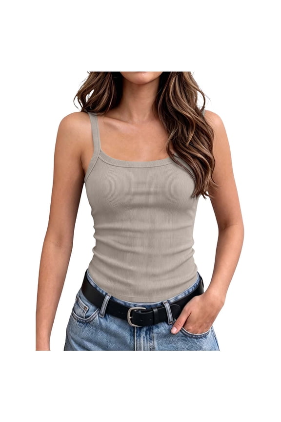 Girls Knitted Tank Tops Summer Casual Comfy Stretchy Sleeveless Halter Crew Neck Ribbed Basic Tunic Blouse (3-4Years, Beige)