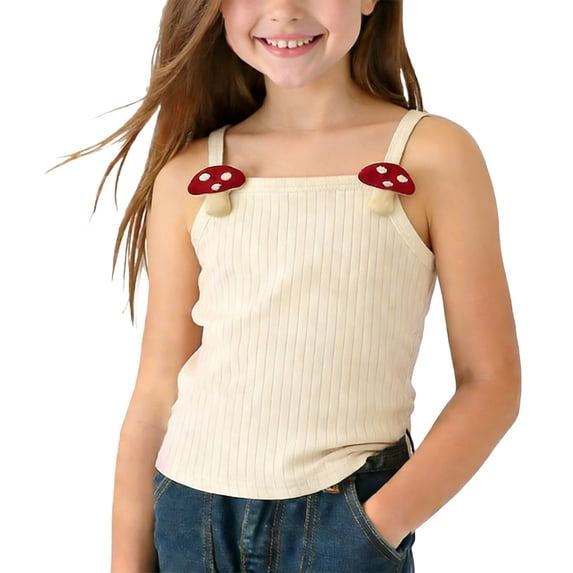 Girls Knitting Cotton Ribbed Tank Top Kids Mushroom Applique Square Neck Camisole Beige Sleeveless Summer Tops,Size 0-1T