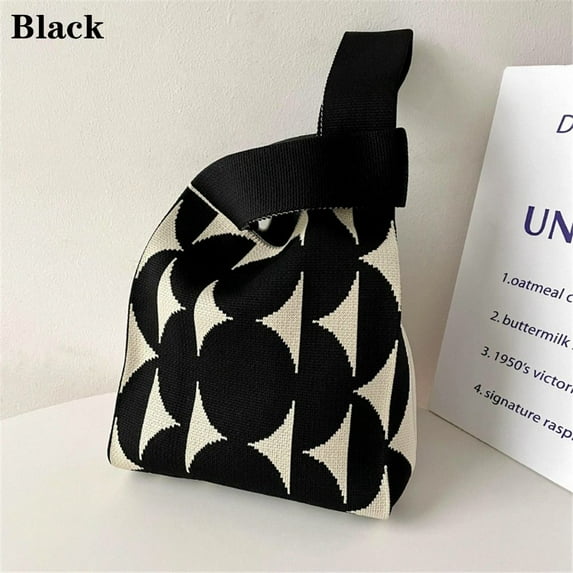 Girls Knot Reusable Shopping Bags Knit Handbag Tote Bag Wrist Bag BLACK