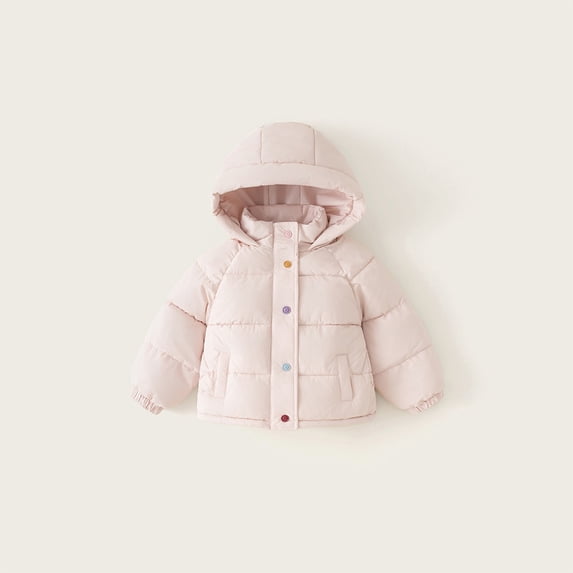Girls Korean Style Winter Puffer Jacket, Colorful Button Down Quilted Coat with Hood, Lightweight Warm Insulated Outerwear for Fall and Winter Season Fashion Pink